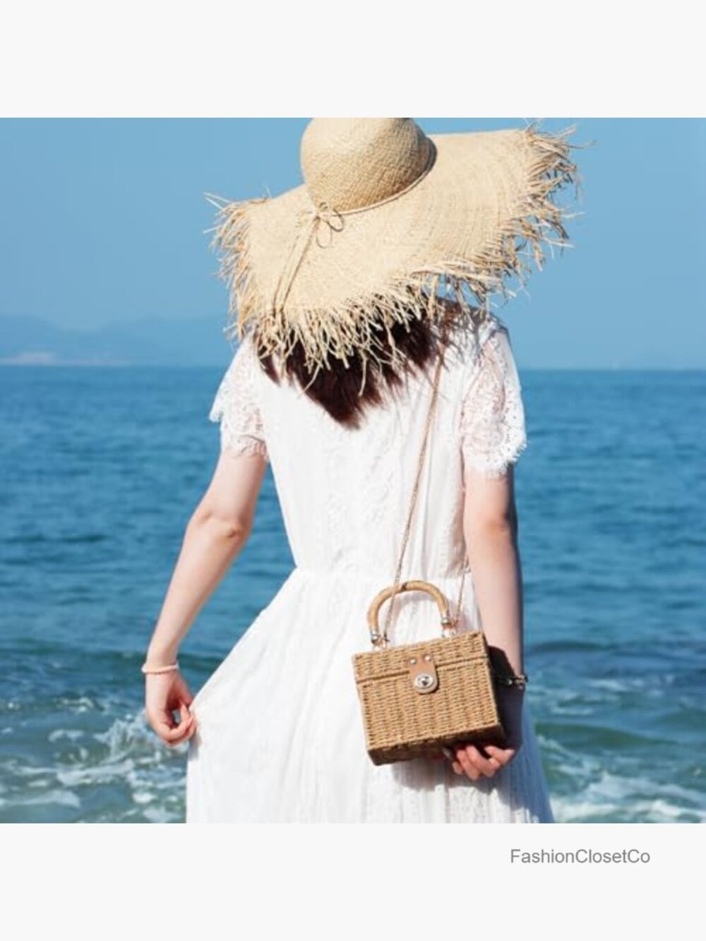 Woven Wicker Rattan Purse Straw Tote Bag Summer Beach Vacation Box Bucket Bag - Picture 2 of 7